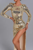 kamames Tieghan Golden Gem Sequin Slit Maxi Dress