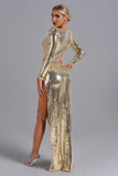 kamames Tieghan Golden Gem Sequin Slit Maxi Dress