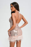 kamames Oga Halter Sequin Feather Mini Dress