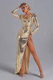 kamames Tieghan Golden Gem Sequin Slit Maxi Dress