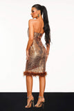 kamames Fayie Strapless Feather Sequin Midi Dress