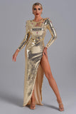 kamames Tieghan Golden Gem Sequin Slit Maxi Dress