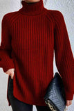 kamames Raglan Sleeve Turtleneck Slit Mid-Length Sweater